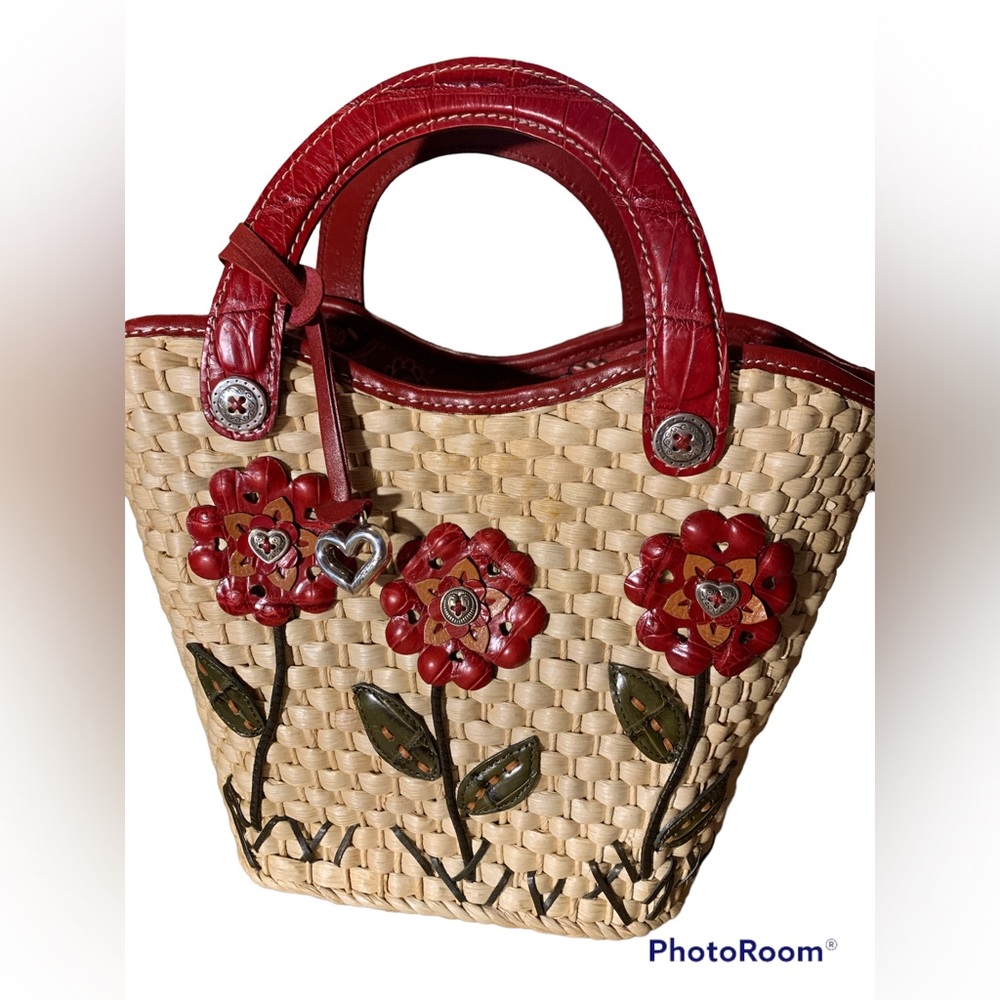 Brighton Beverly straw floral deep red leather handbag